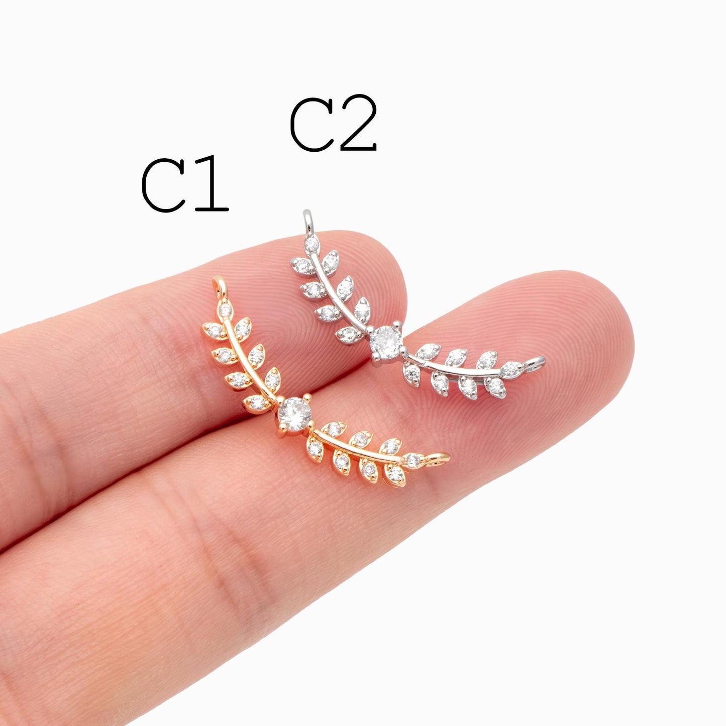 4pcs CZ Pave Gold/ Silver Tone Leaf Charm Connector , Gold/ Rhodium plated Brass, Cubic Zirconia Setting Diy Supplies (#GB-3669)