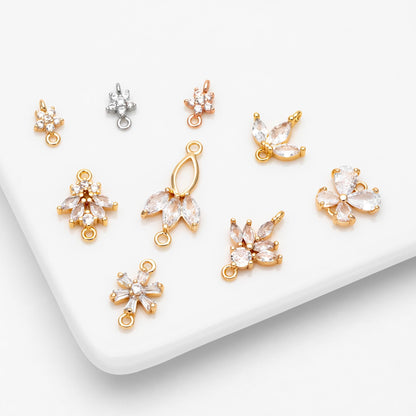 10pcs CZ Pave Flower Leaf Connector, 18K Gold plated Brass, Dainty Connector Charms (GB-3670)
