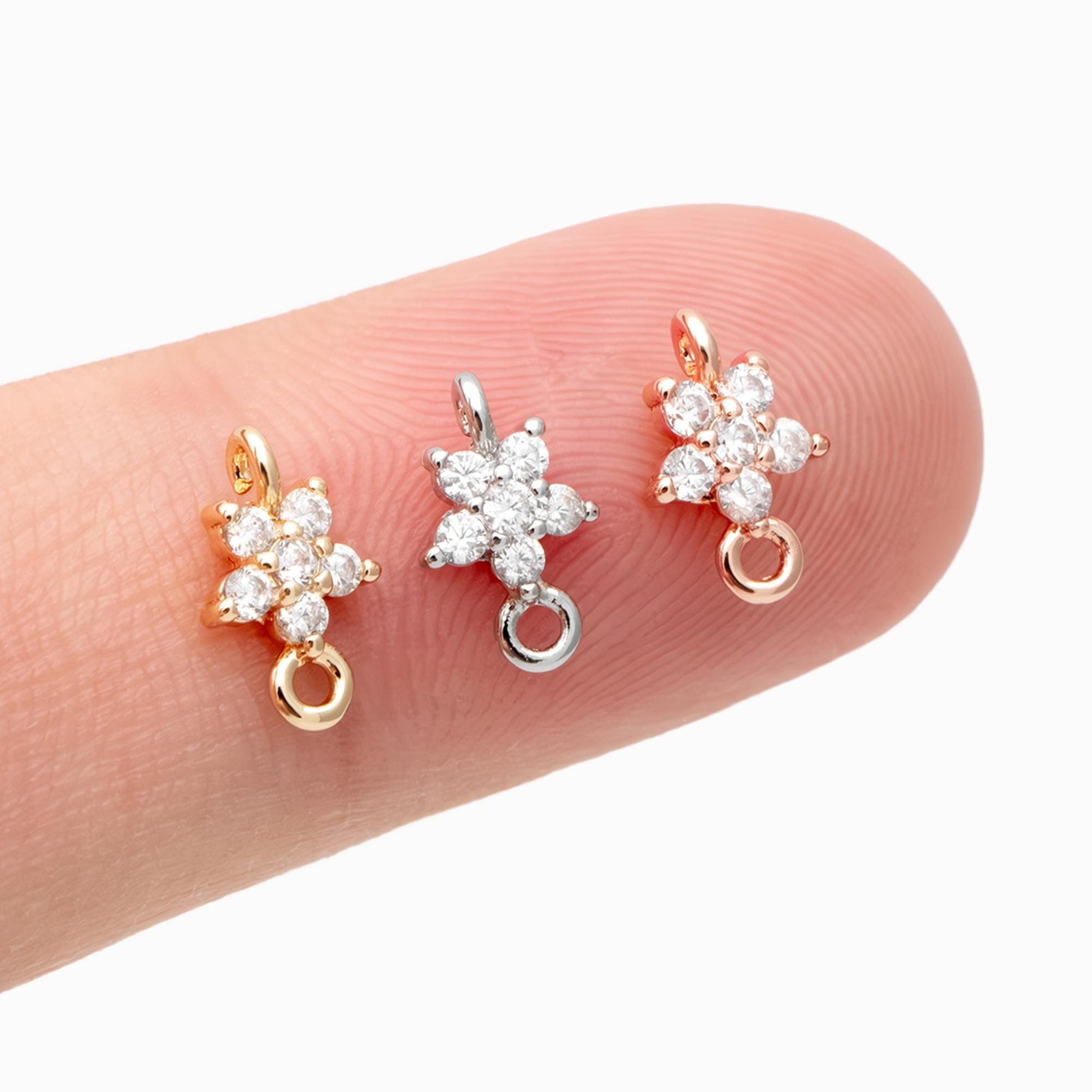 10pcs CZ Pave Gold/ Silver/ Rose Gold Flower Charm Pendants 8x5mm, Real Gold/ Rhodium plated Brass, Color Not Easily Tarnish (GB-3670-A)