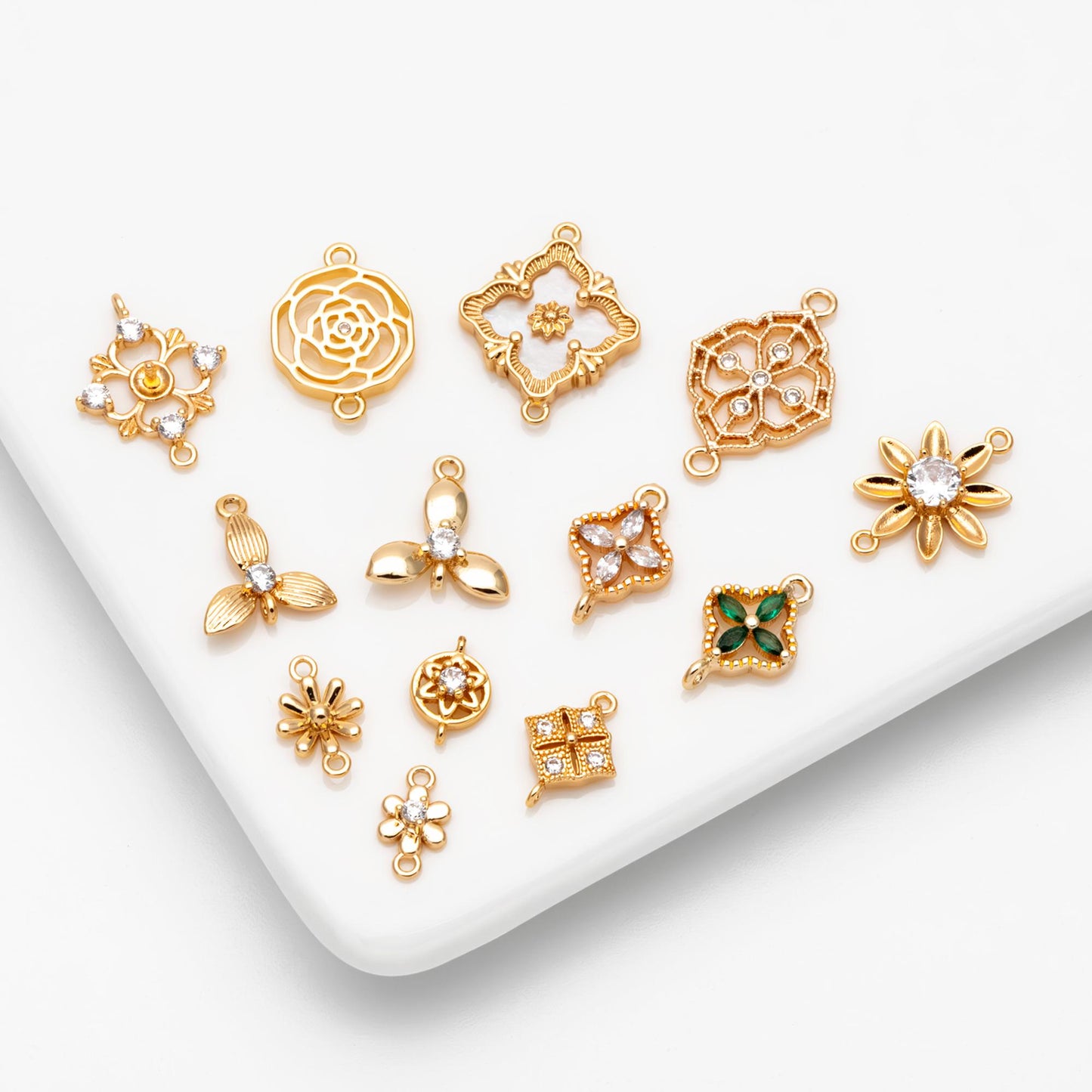 10pcs Gold Flower Charms , 18K Gold plated Brass, Floral Connector Pendants (GB-3780)