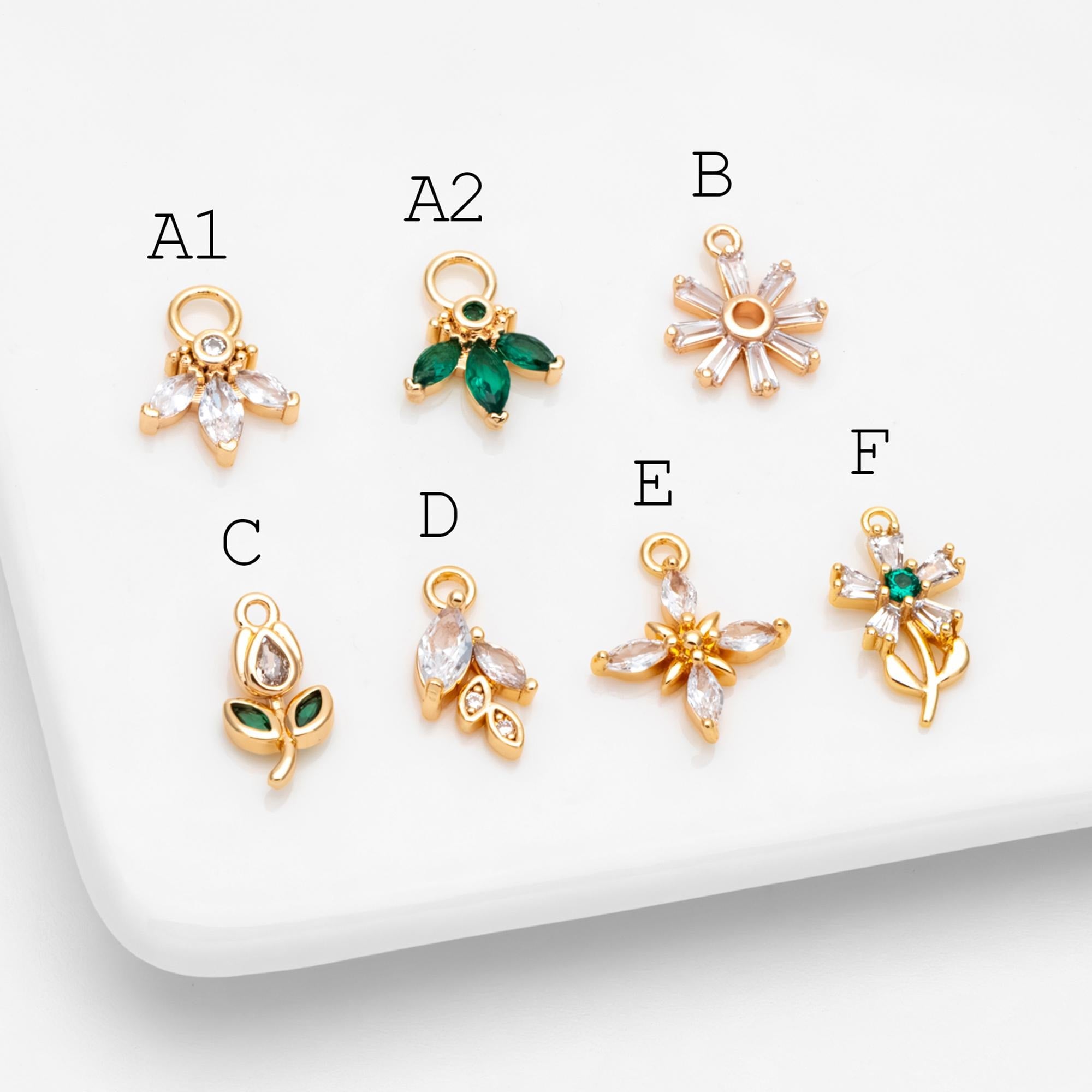 4pcs CZ Pave Gold Flower Leaf Charms, 18K Gold plated Brass, Dainty Earring Pendants (GB-4130)