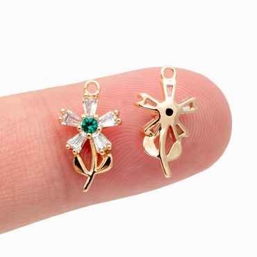 4pcs Gold CZ Flower Charms 13x8mm, 18K Gold plated Brass, Cubic Zirconia Floral Pendants (GB-4130-F)