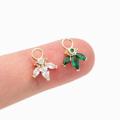 4pcs Emerald CZ Pave Flower Charm 12x9mm, Real Gold plated Brass Leaf Pendants (GB-4130-A)