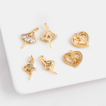 4pcs CZ Pave Gold Ballerina Charms, 18K Gold plated Brass, Ballet Leap Dancer Charm, girl charm (GB-1189)