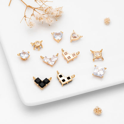 4pcs CZ Pave Gold Round/ Heart/ Rhombus Connectors, Gold Geometric Necklace Pendants (GB-215)