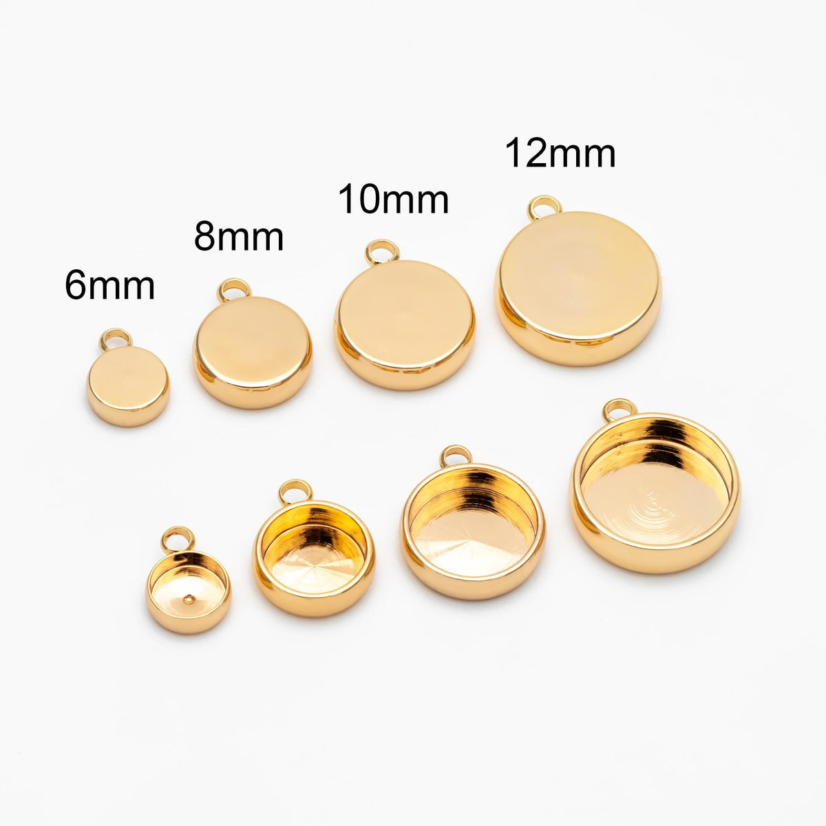 10pcs Gold/ Silver Bezel Setting, Round Blank Charm Pendants, inner 6/ 8/ 10/ 12mm, Gold/ Rhodium plated Brass Cabochon Base (GB-1748)