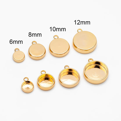 10pcs Gold/ Silver Bezel Setting, Round Blank Charm Pendants, inner 6/ 8/ 10/ 12mm, Gold/ Rhodium plated Brass Cabochon Base (GB-1748)