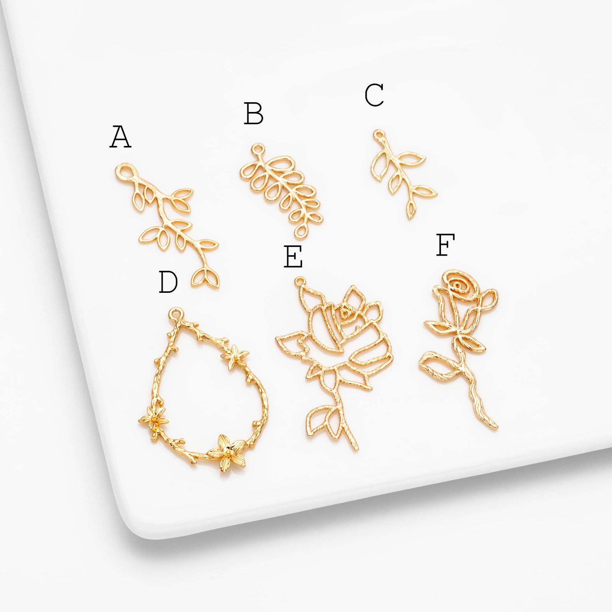 10pcs Gold Leaf Flower Charms, 18K Gold plated Brass, Dainty Earring Pendants (GB-120)