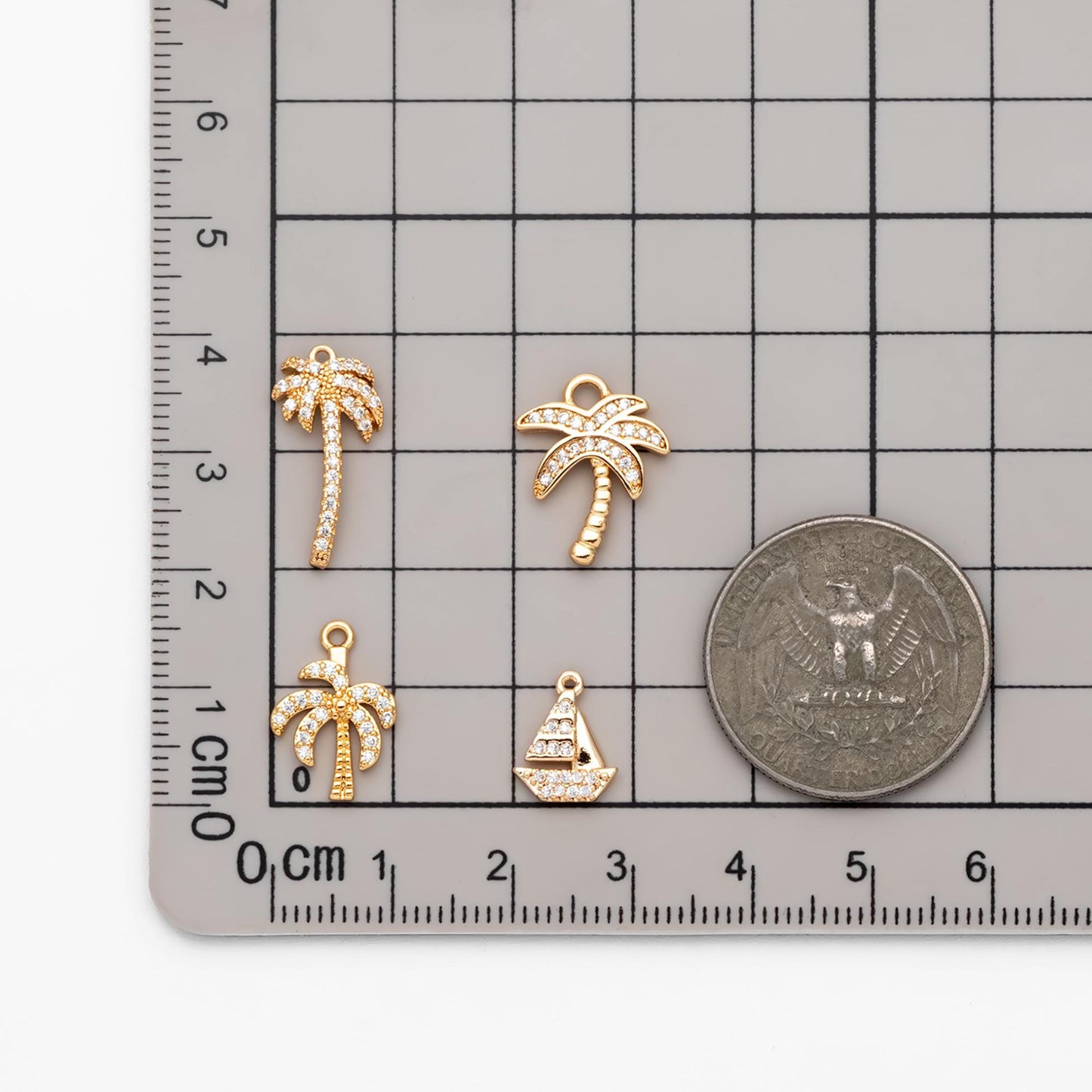 4pcs CZ Pave Sailboat & Tree Charms: 18K Gold Plated Brass, (GB-2374)