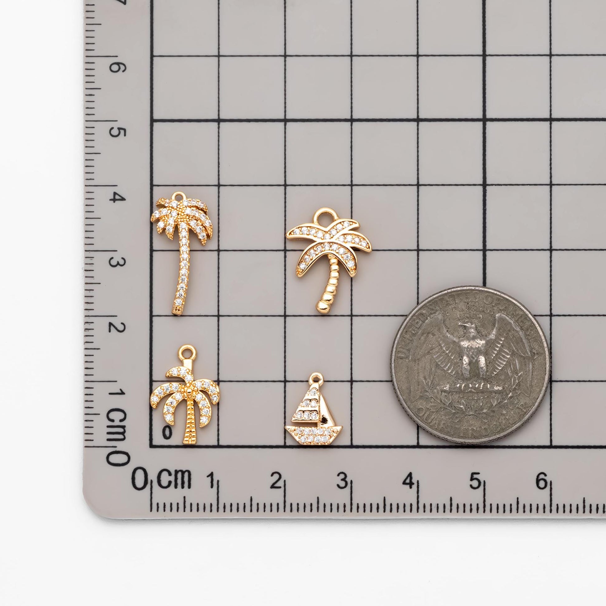 4pcs CZ Pave Sailboat & Tree Charms: 18K Gold Plated Brass, (GB-2374)