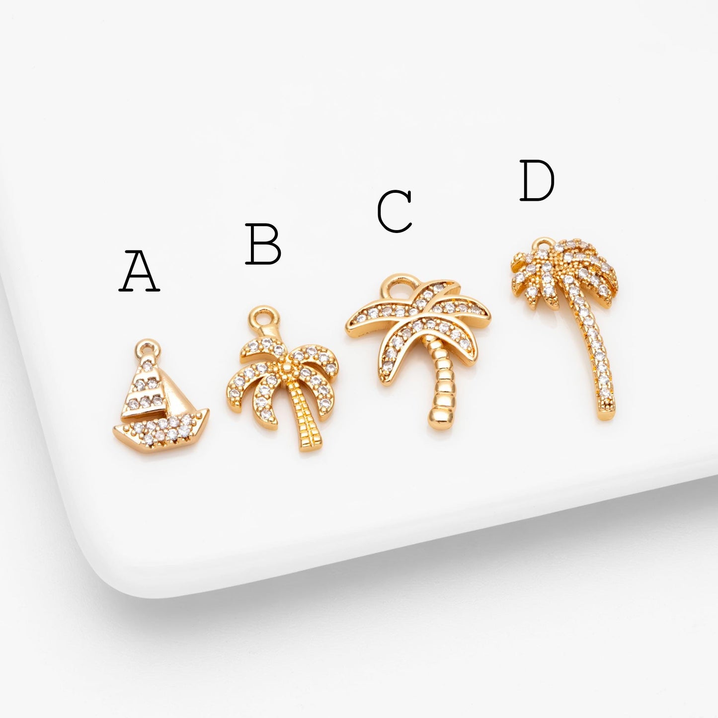 4pcs CZ Pave Sailboat & Tree Charms: 18K Gold Plated Brass, (GB-2374)