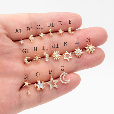 10pcs Minimalist Gold Stud Earring - Sun, Moon, Star Styles (#GB-3041)