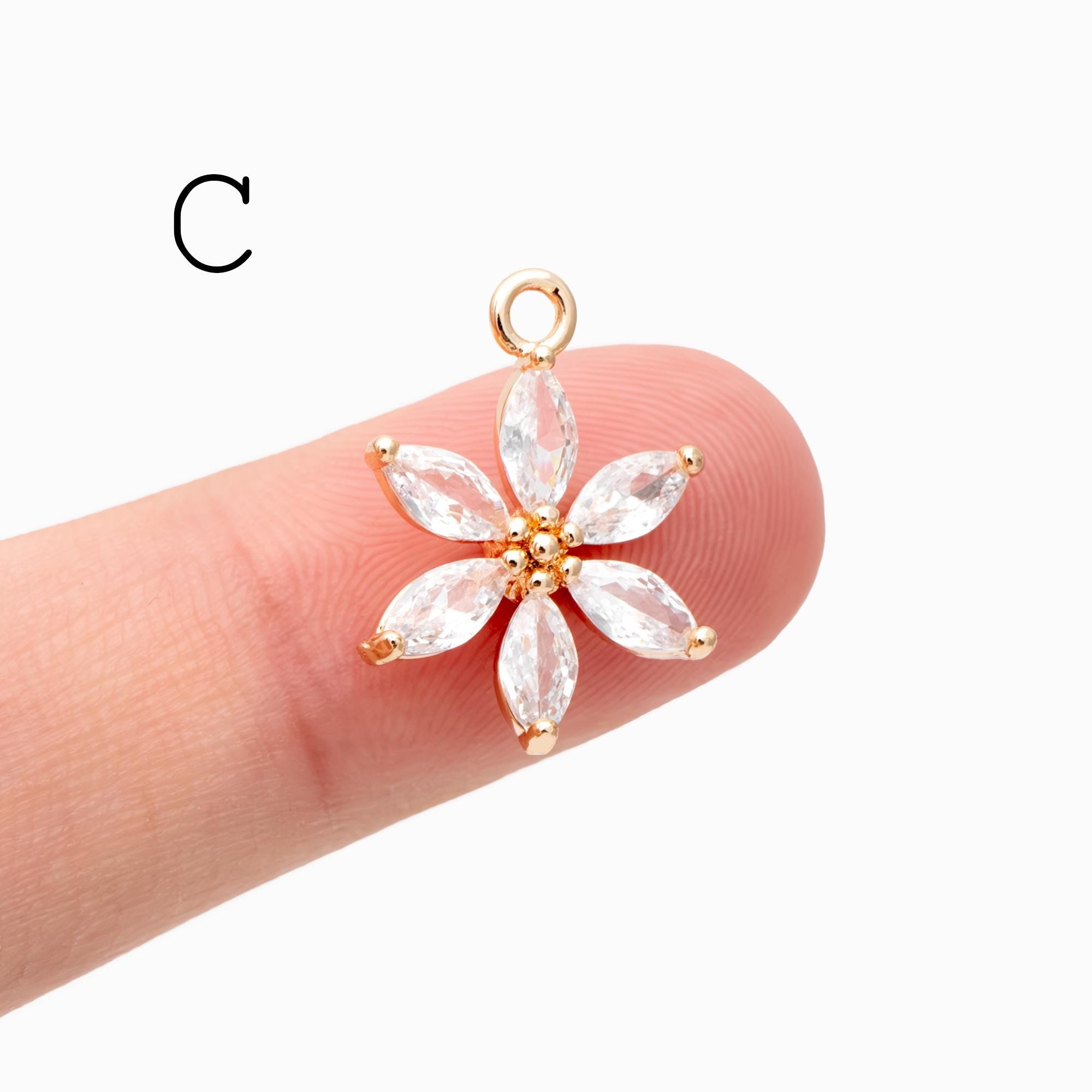 4pcs Gold/ Silver CZ Flower Charms , Real Gold/ Rhodium plated Brass, Cubic Zirconia Flower Pendants (GB-584)