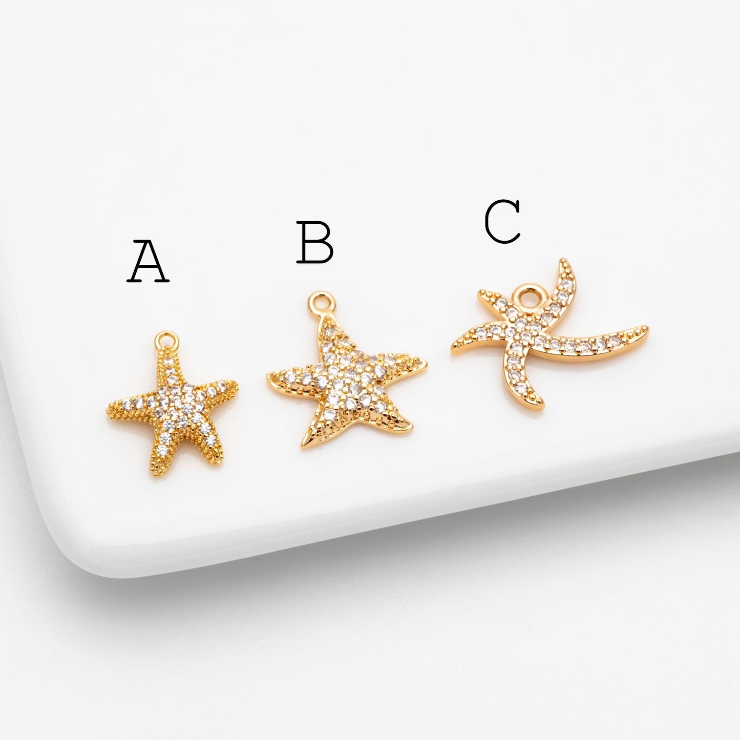 4pcs CZ Pave Gold Starfish Charms , Beach Style Mini Starfish Pendants (GB-722)