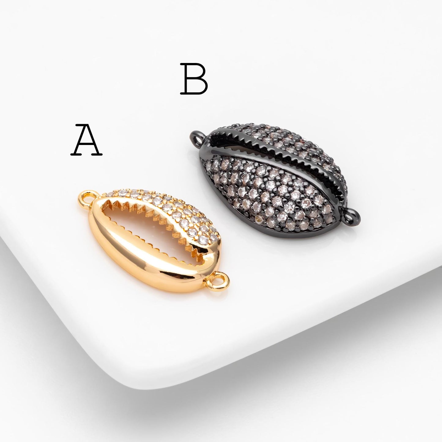 4pcs CZ Pave Shell Connector, Cowrie Shell Charm Pendant, Seashell Charms (GB-1583)