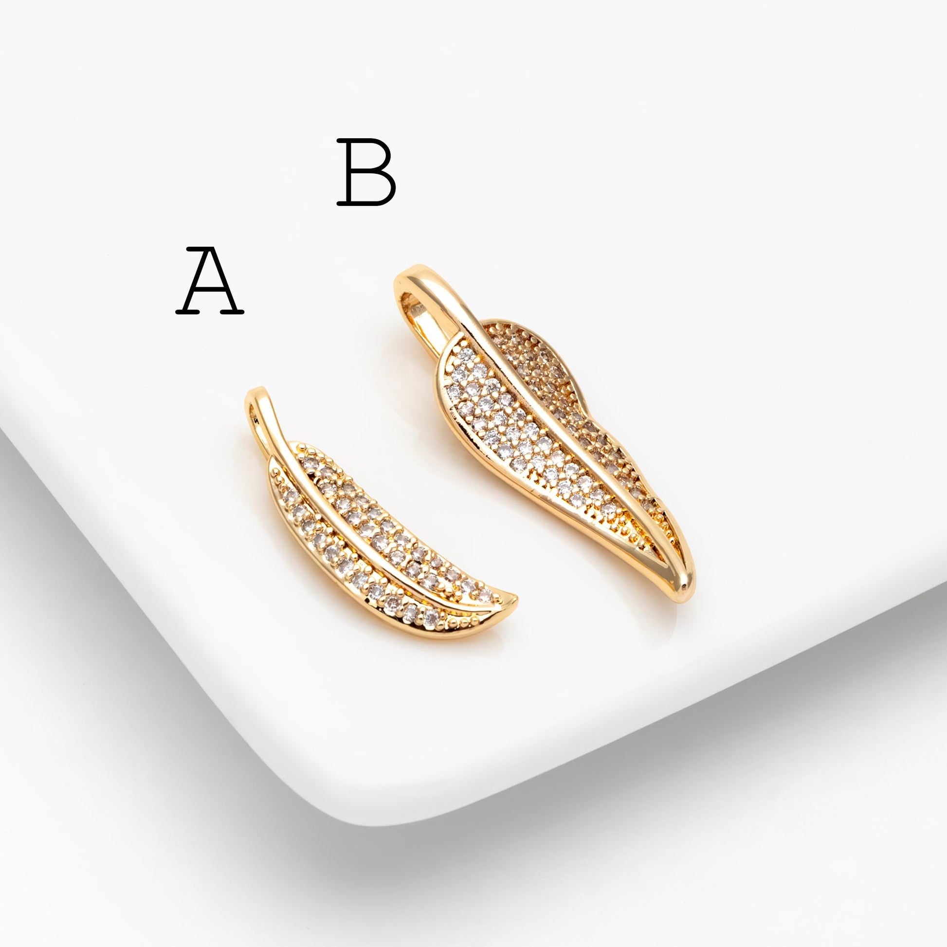4pcs CZ pave Gold Leaf Charms, 18K Gold plated Brass, Dainty Feather Pendants (GB-2310)