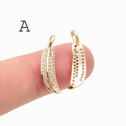 4pcs CZ pave Gold Leaf Charms, 18K Gold plated Brass, Dainty Feather Pendants (GB-2310)