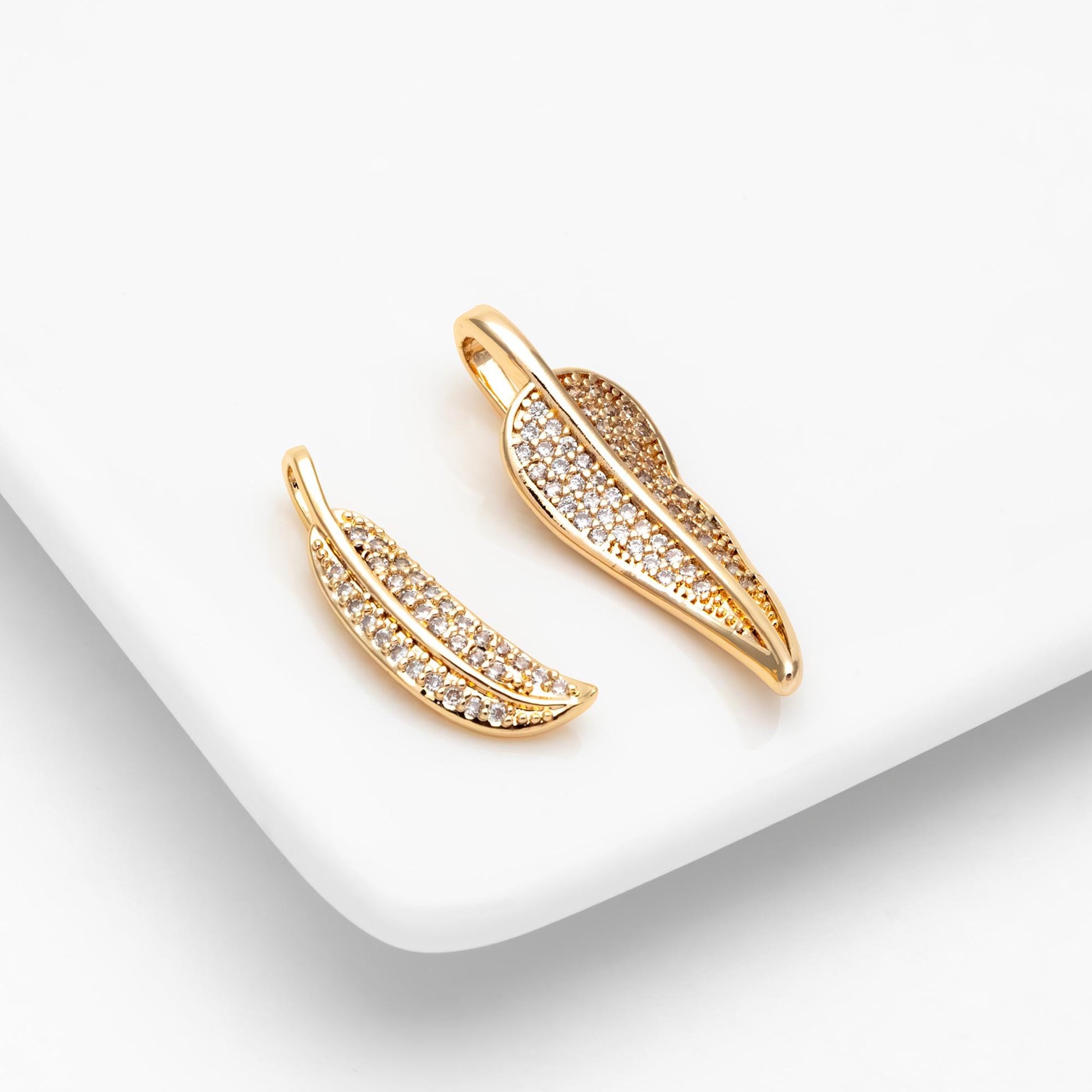 4pcs CZ pave Gold Leaf Charms, 18K Gold plated Brass, Dainty Feather Pendants (GB-2310)