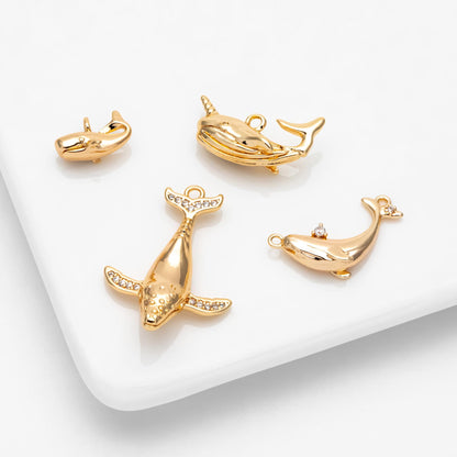 4pcs CZ Pave Gold Whale charm, 18K Real Gold plated Brass, 3D Whale Charm, Whale pendant (GB-2560)