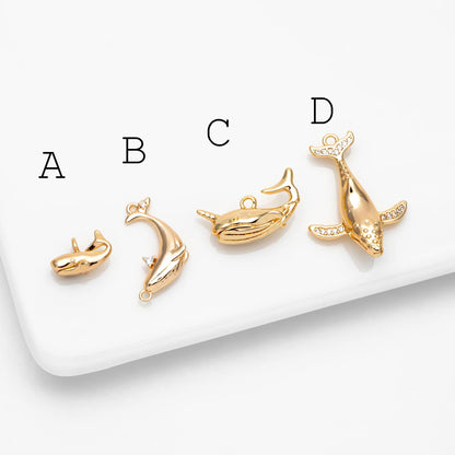 4pcs CZ Pave Gold Whale charm, 18K Real Gold plated Brass, 3D Whale Charm, Whale pendant (GB-2560)