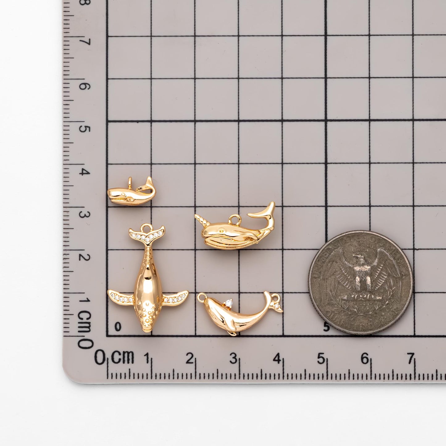 4pcs CZ Pave Gold Whale charm, 18K Real Gold plated Brass, 3D Whale Charm, Whale pendant (GB-2560)