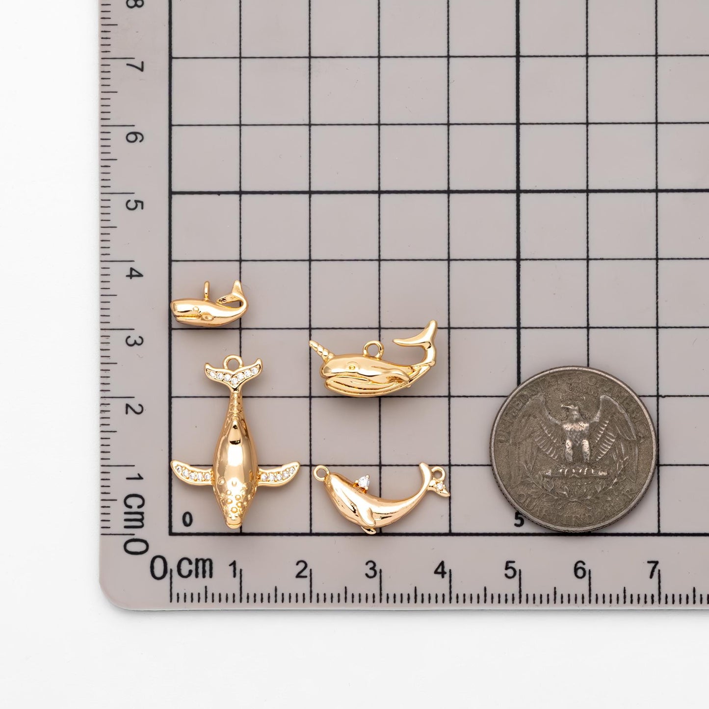 4pcs CZ Pave Gold Whale charm, 18K Real Gold plated Brass, 3D Whale Charm, Whale pendant (GB-2560)
