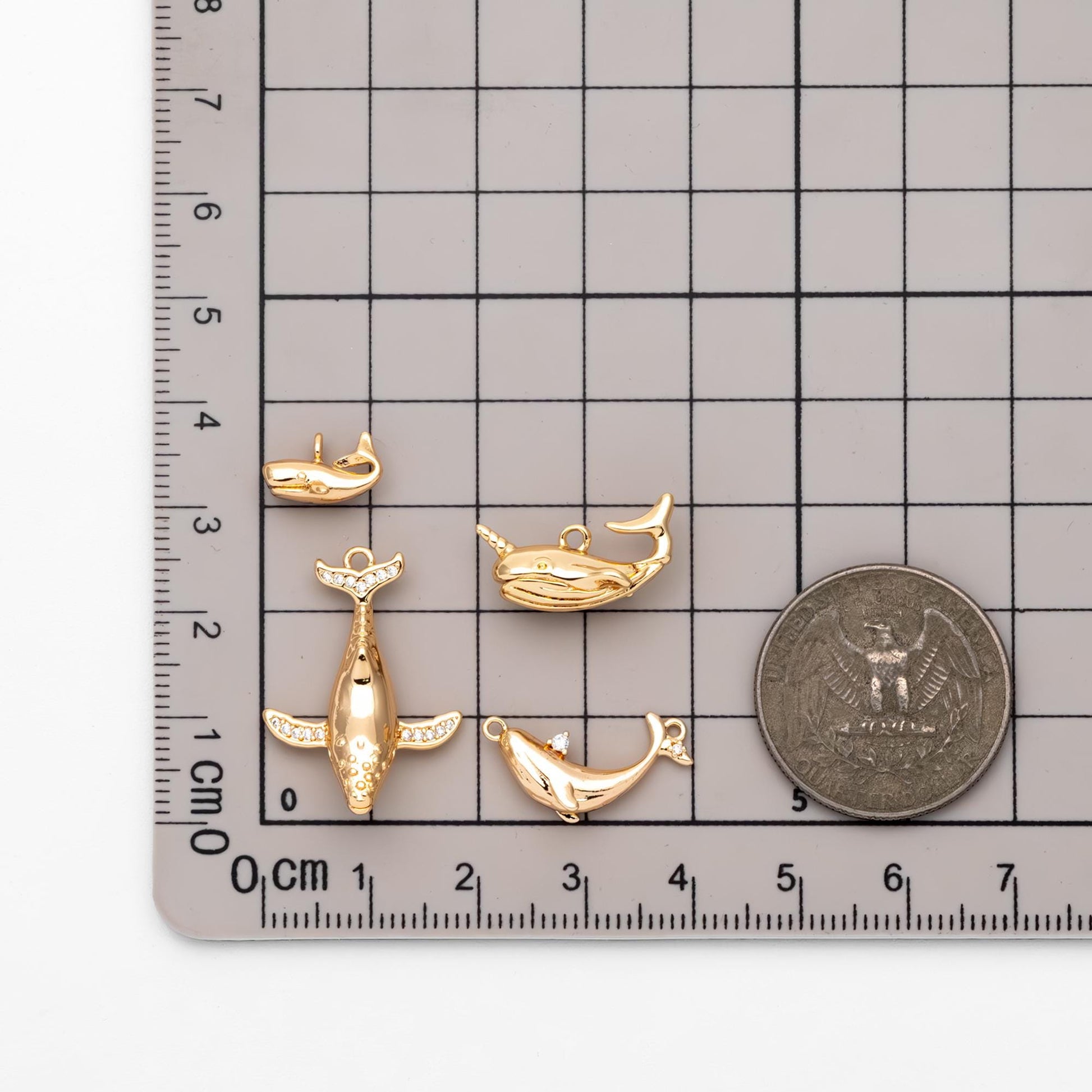 4pcs CZ Pave Gold Whale charm, 18K Real Gold plated Brass, 3D Whale Charm, Whale pendant (GB-2560)