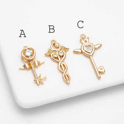 4pcs Gold Winged Key Charms: CZ Pave Fairy Wand Pendants (GB-2638)
