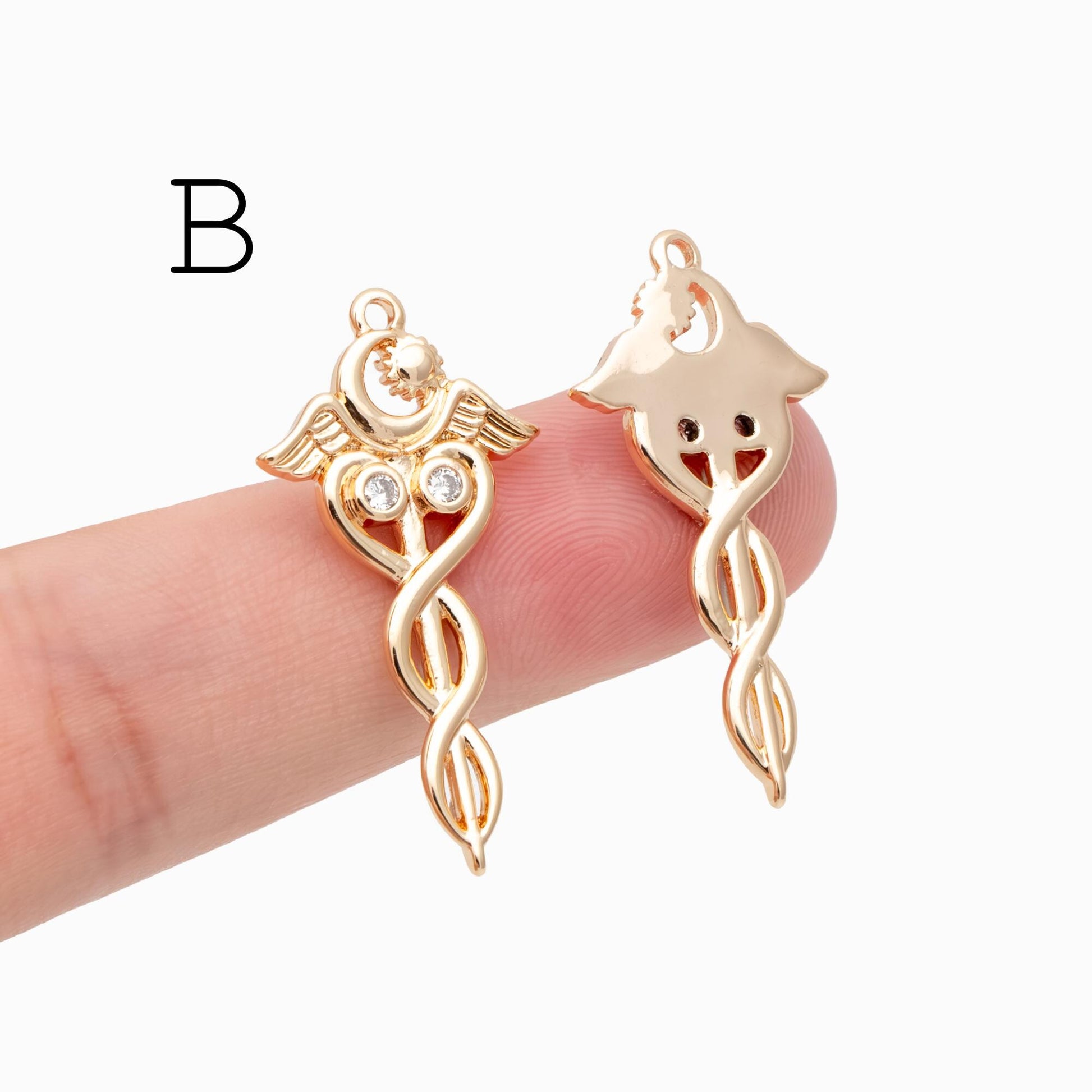 4pcs Gold Winged Key Charms: CZ Pave Fairy Wand Pendants (GB-2638)