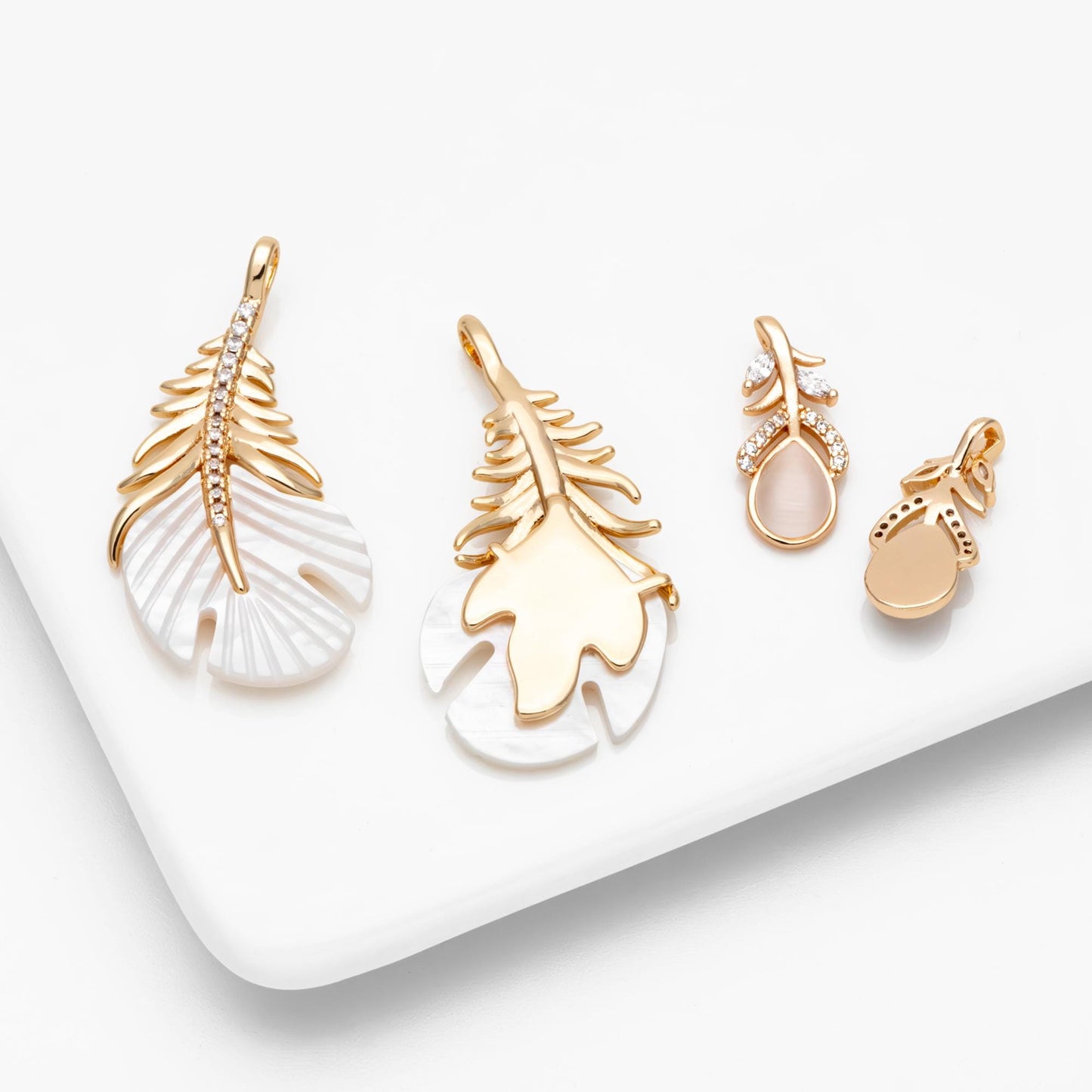 4pcs Dainty Feather Charms , 18K Gold plated Brass, CZ Gold Feather Pendants (GB-3343)