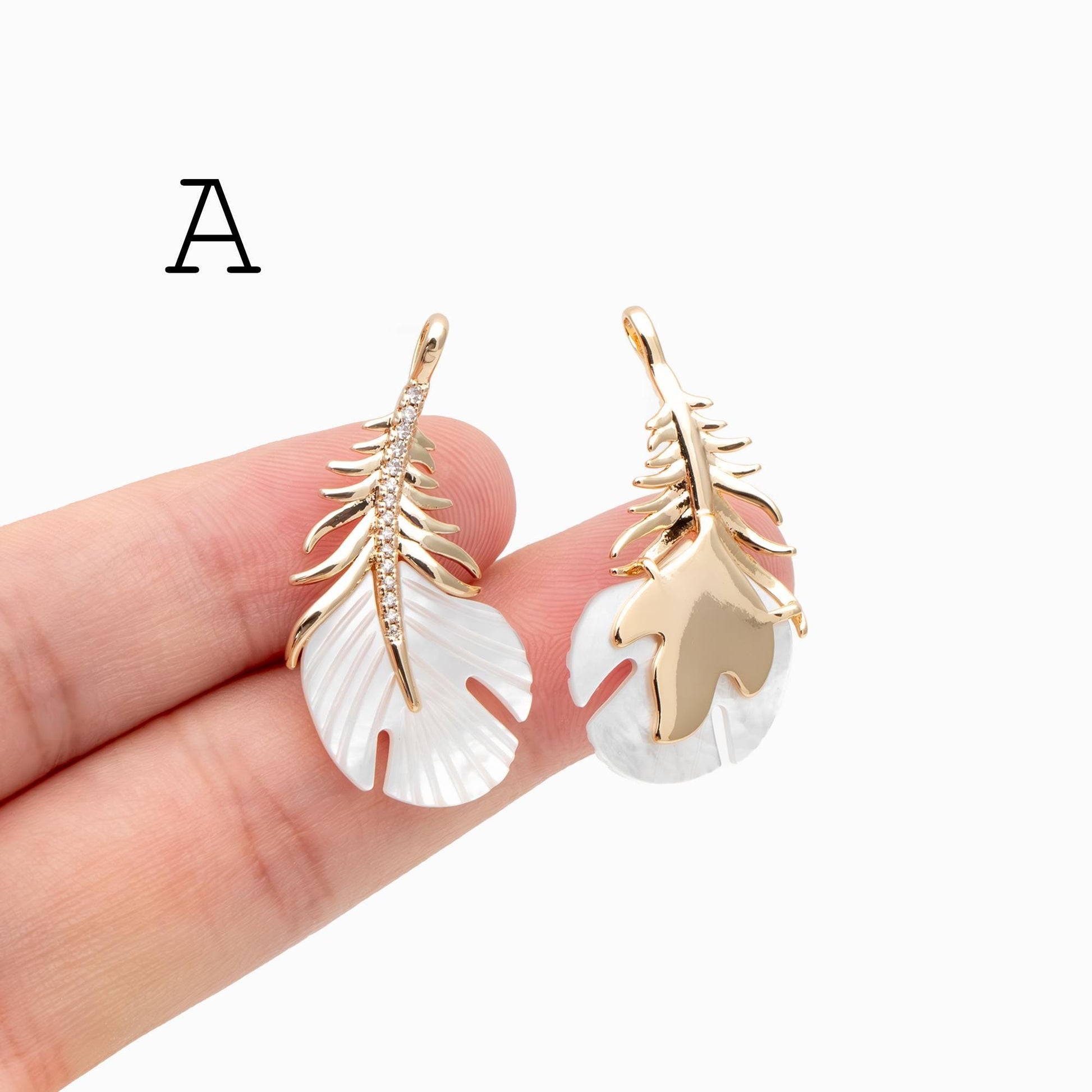 4pcs Dainty Feather Charms , 18K Gold plated Brass, CZ Gold Feather Pendants (GB-3343)