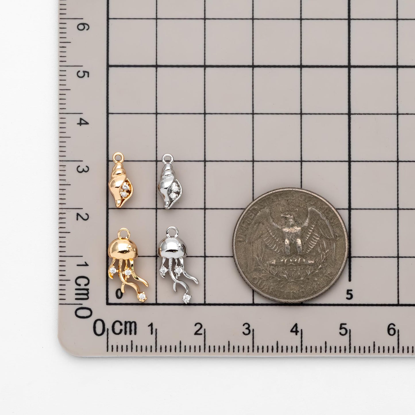 4pcs CZ Pave Gold/ Silver Tone Conch/ Jellyfish Charms, 18K Gold/ Rhodium plated Brass, Dainty Beach Jewelry (GB-4643)