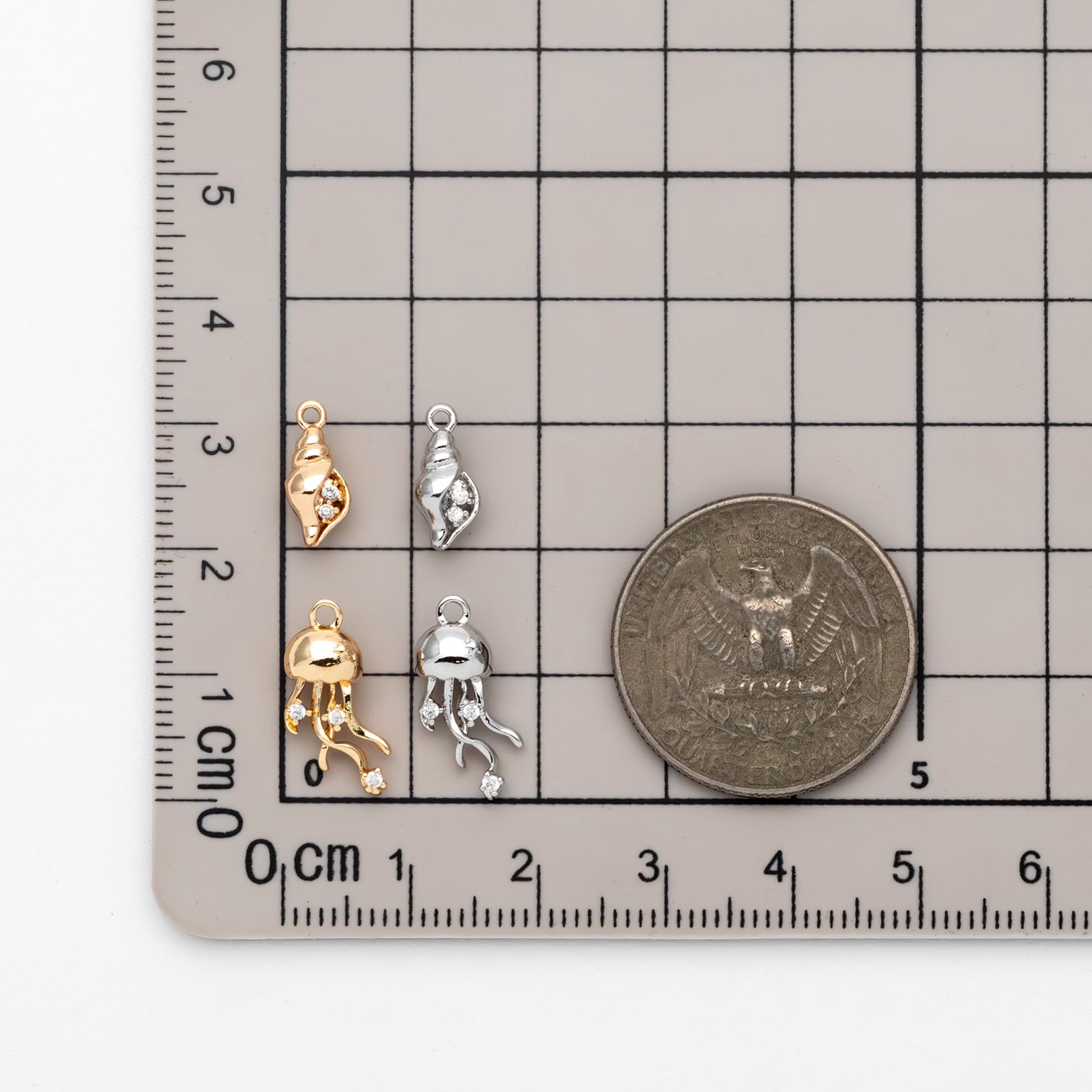 4pcs CZ Pave Gold/ Silver Tone Conch/ Jellyfish Charms, 18K Gold/ Rhodium plated Brass, Dainty Beach Jewelry (GB-4643)