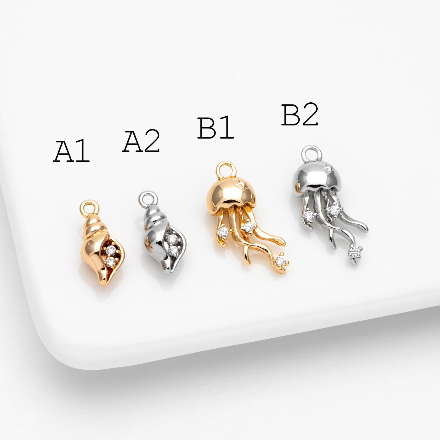 4pcs CZ Pave Gold/ Silver Tone Conch/ Jellyfish Charms, 18K Gold/ Rhodium plated Brass, Dainty Beach Jewelry (GB-4643)