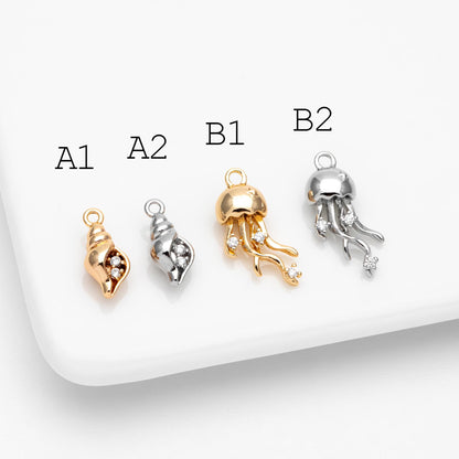 4pcs CZ Pave Gold/ Silver Tone Conch/ Jellyfish Charms, 18K Gold/ Rhodium plated Brass, Dainty Beach Jewelry (GB-4643)
