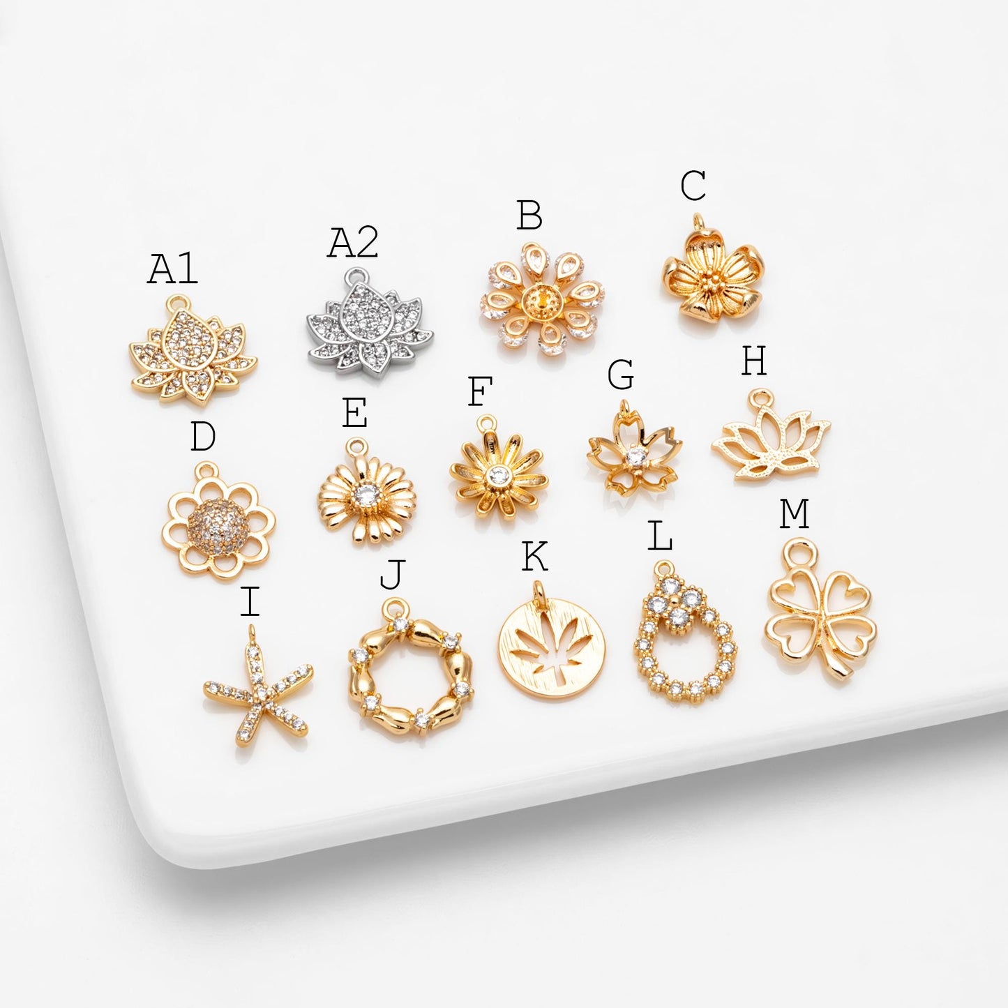 4pcs CZ Pave Gold/ Silver tone Flower Charm Pendants , Real Gold/ Rhodium plated Brass Earring charms, Color Not Easily Tarnish (GB-321)