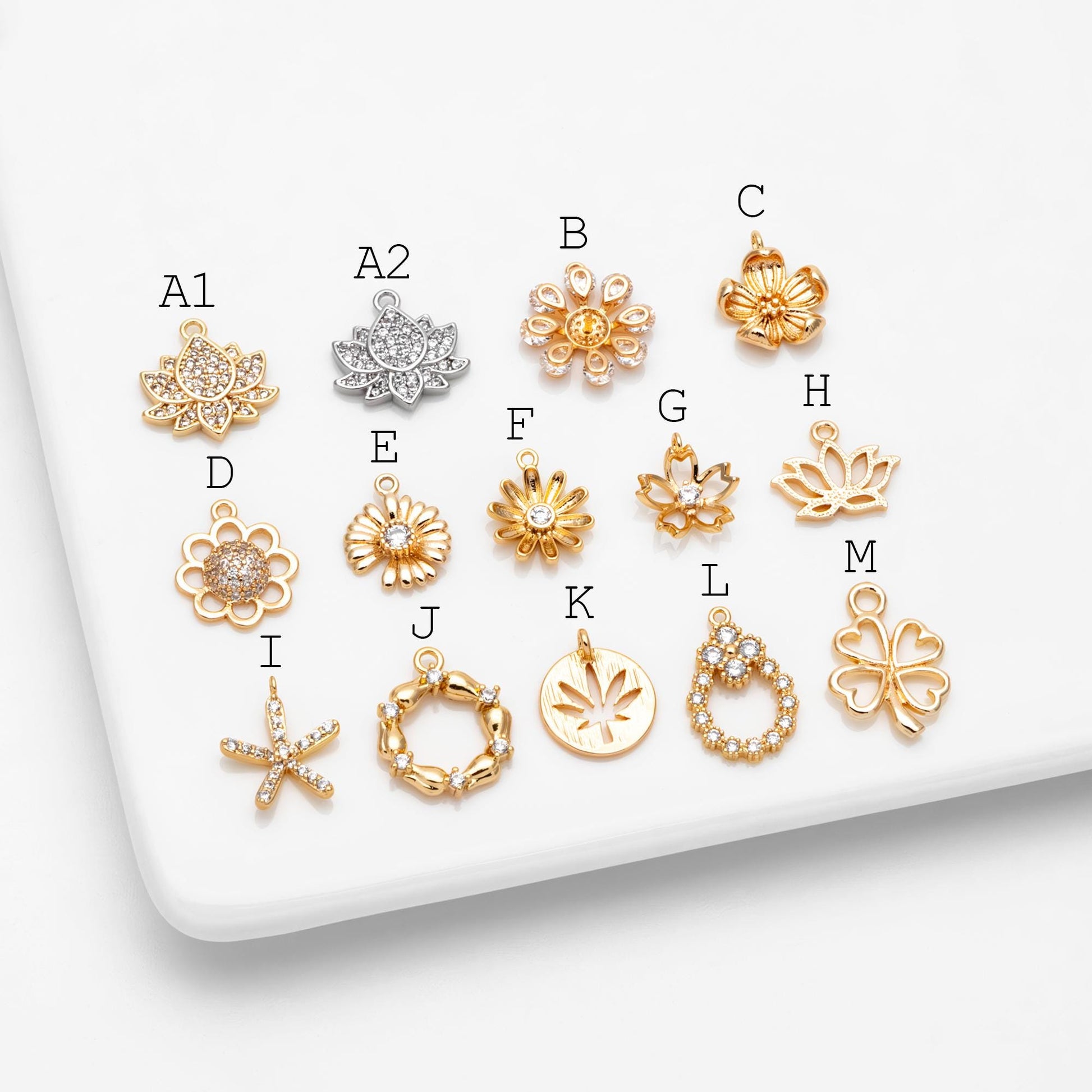 4pcs CZ Pave Gold/ Silver tone Flower Charm Pendants , Real Gold/ Rhodium plated Brass Earring charms, Color Not Easily Tarnish (GB-321)
