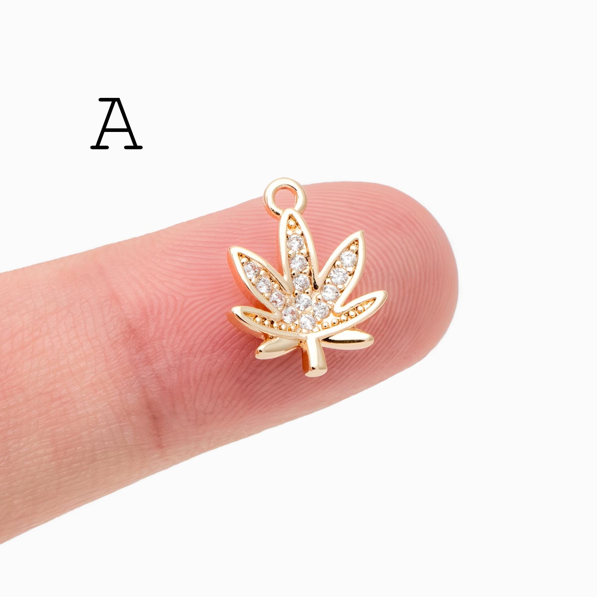 4pcs CZ Pave Gold Leaf Charms, Real Gold Plated Brass, Dainty Leaf Pendants (GB-1312)