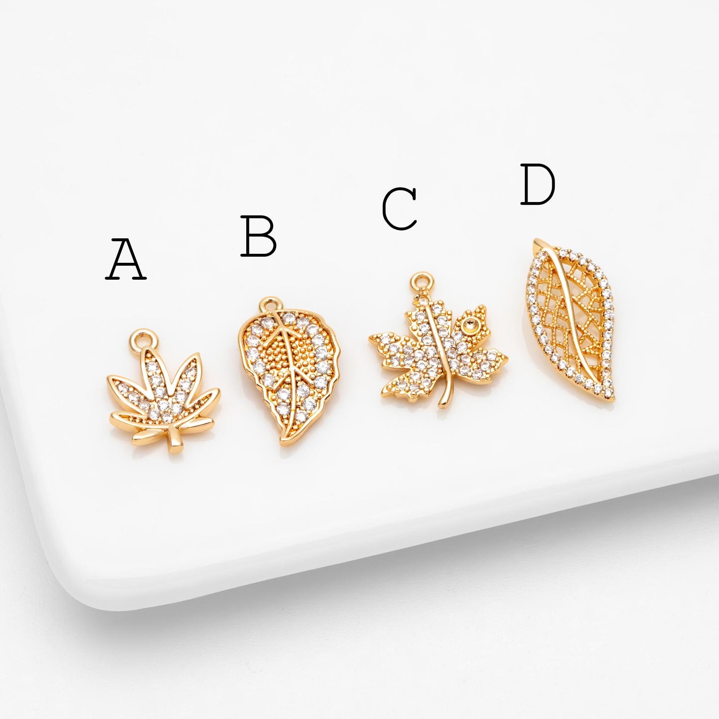 4pcs CZ Pave Gold Leaf Charms, Real Gold Plated Brass, Dainty Leaf Pendants (GB-1312)