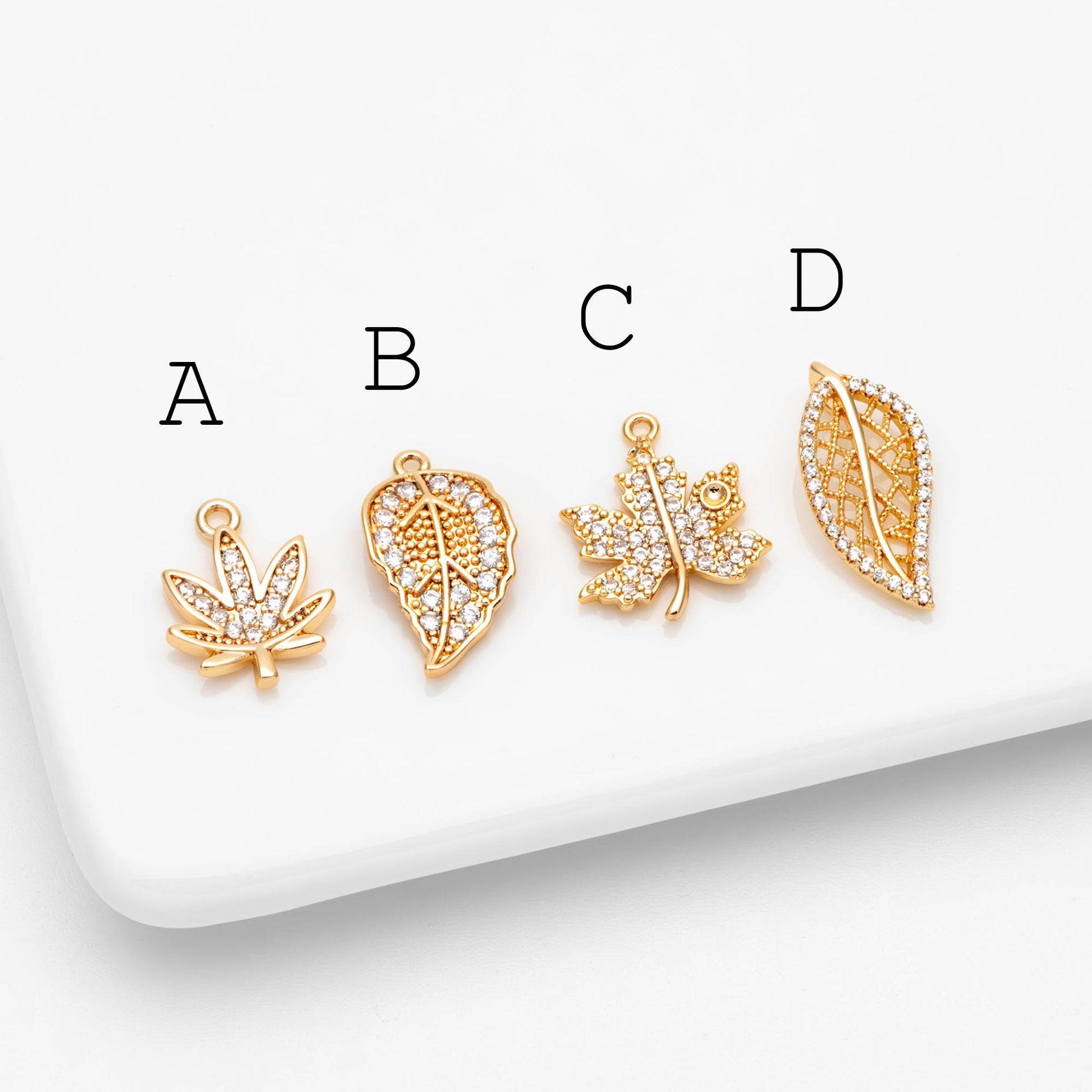 4pcs CZ Pave Gold Leaf Charms, Real Gold Plated Brass, Dainty Leaf Pendants (GB-1312)