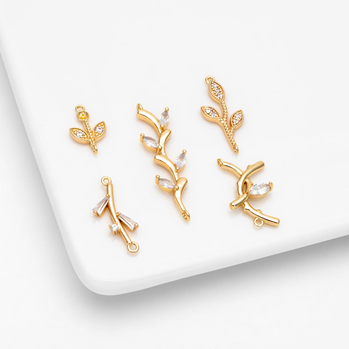 10pcs CZ pave Gold Leaf Charm Connectors , 18K Gold plated Brass Branch Pendants (GB-3145)