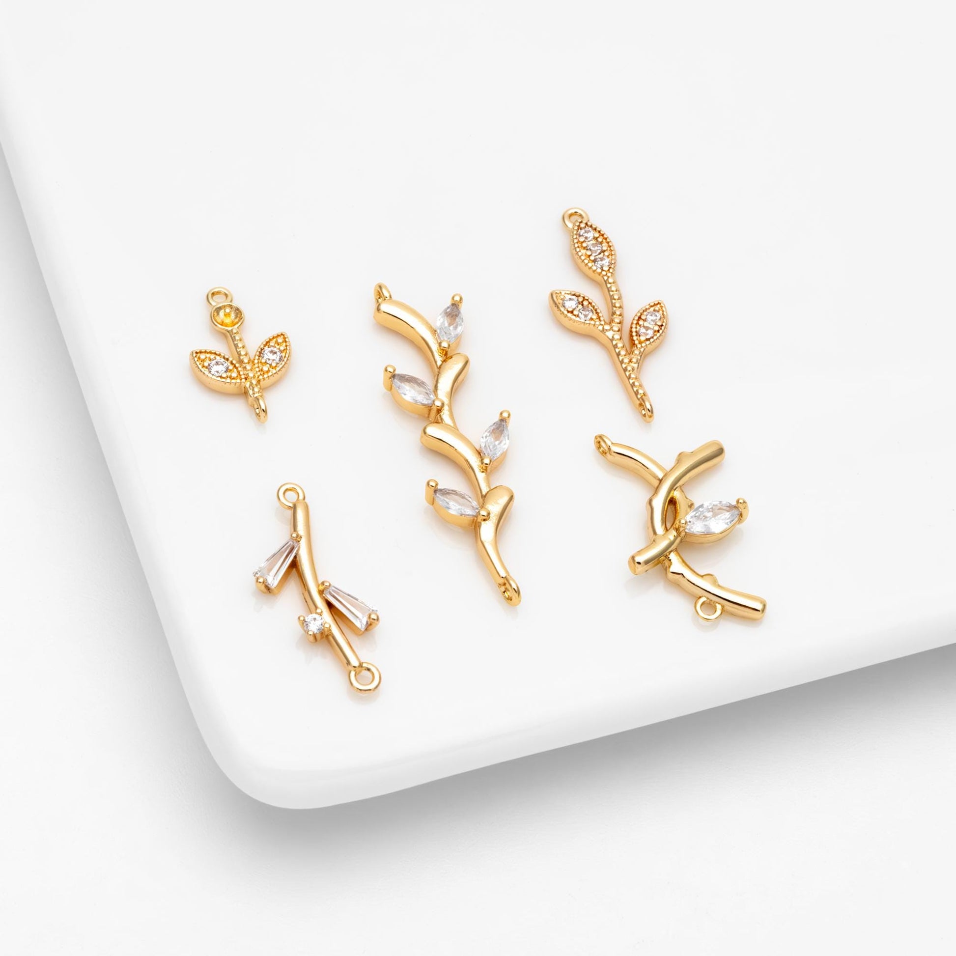 10pcs CZ pave Gold Leaf Charm Connectors , 18K Gold plated Brass Branch Pendants (GB-3145)