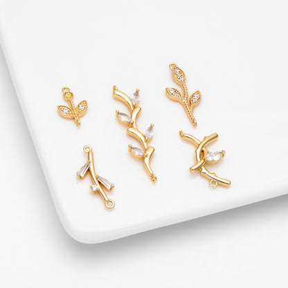 10pcs CZ pave Gold Leaf Charm Connectors , 18K Gold plated Brass Branch Pendants (GB-3145)