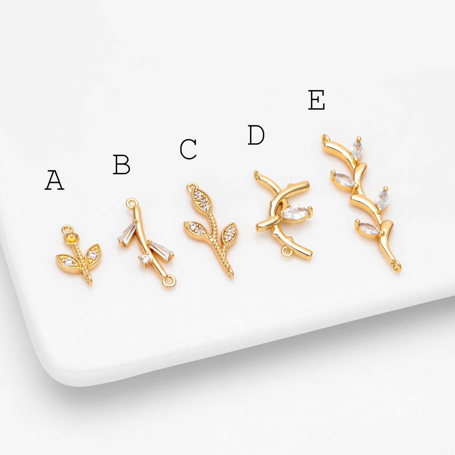 10pcs CZ pave Gold Leaf Charm Connectors , 18K Gold plated Brass Branch Pendants (GB-3145)