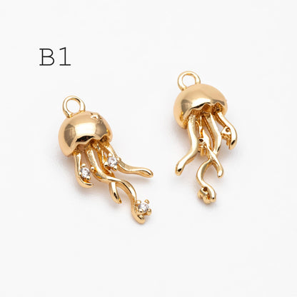 4pcs CZ Pave Gold/ Silver Tone Conch/ Jellyfish Charms, 18K Gold/ Rhodium plated Brass, Dainty Beach Jewelry (GB-4643)