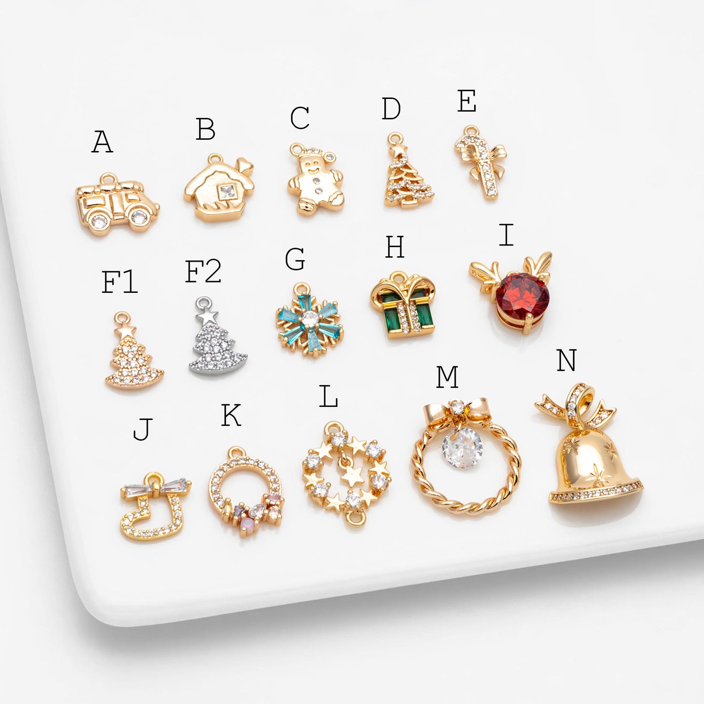 4pcs CZ Pave Christmas Charms: 18K Gold Plated Brass, DIY Jewelry Making, (GB-713)