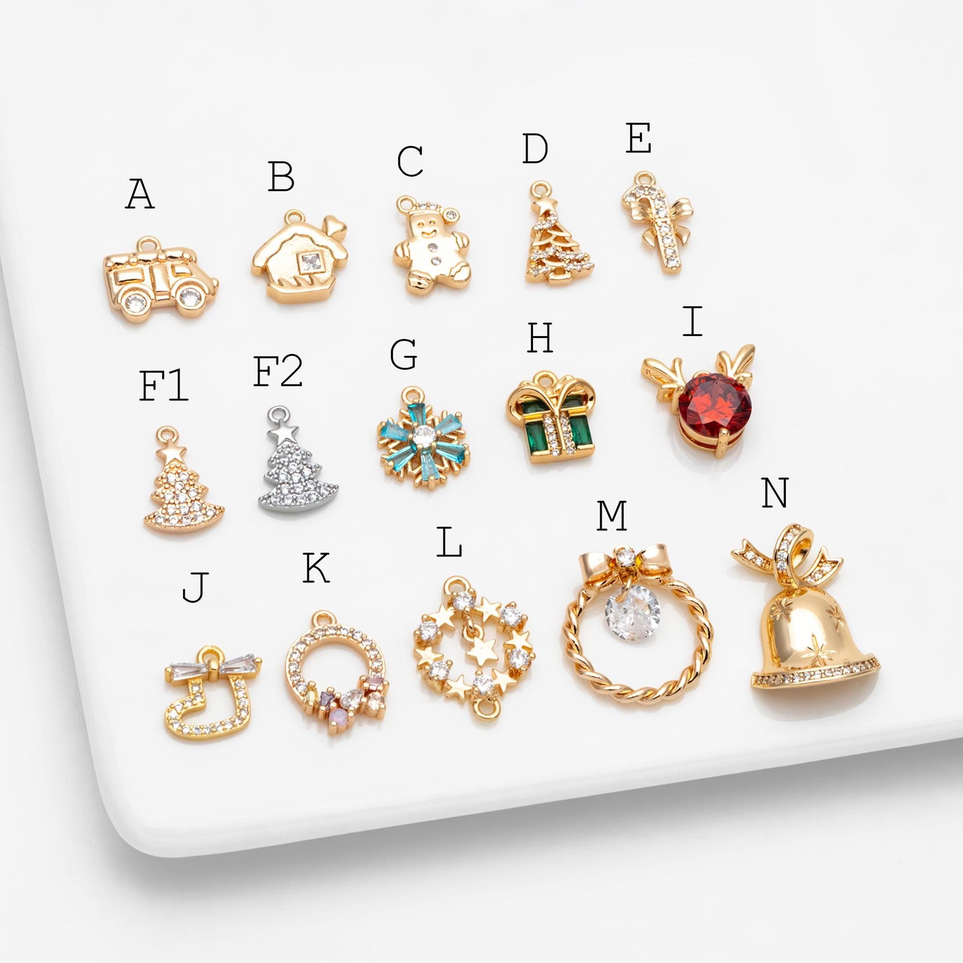 4pcs CZ Pave Christmas Charms: 18K Gold Plated Brass, DIY Jewelry Making, (GB-713)