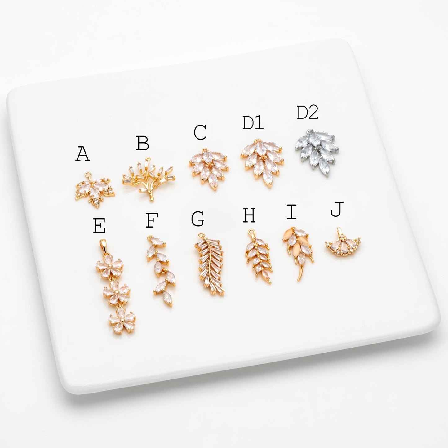 4pcs CZ pave Gold/ Silver Tone Leaf Charms, Leaf Pendants, Earring Findings, Jewelry Making, Jewelry Supplies (GB-3037)