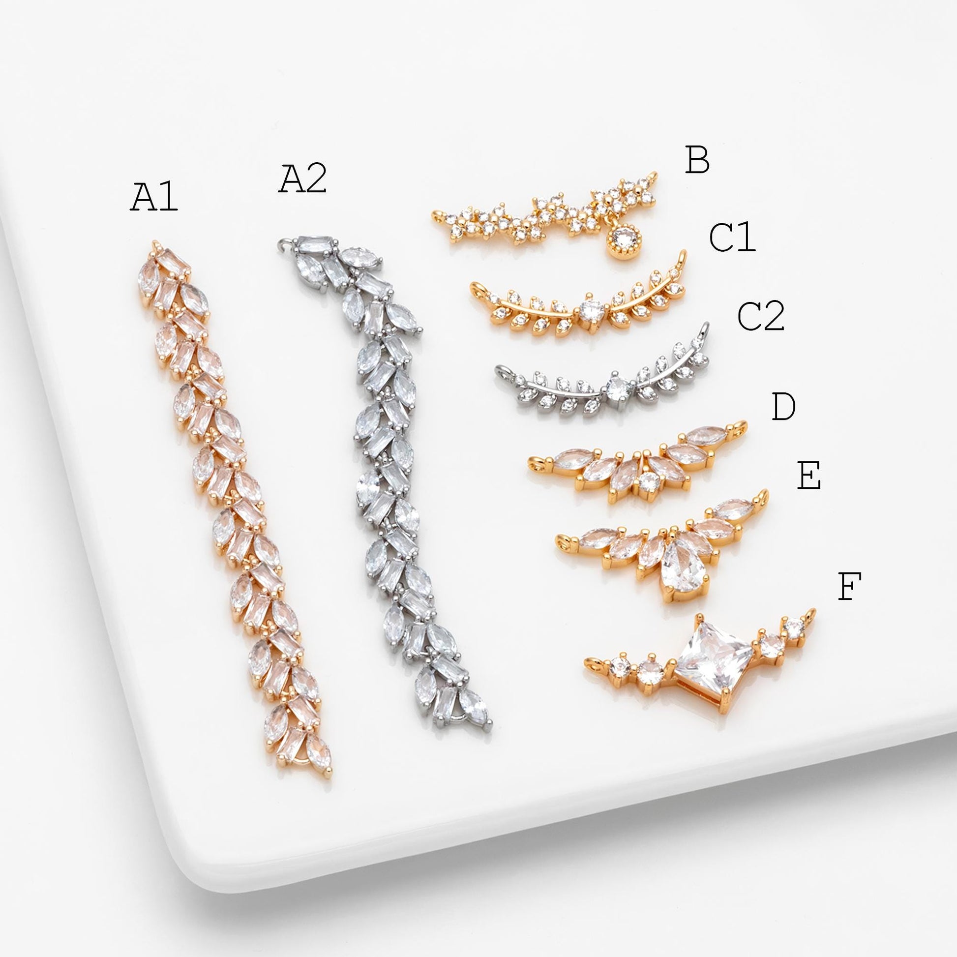 4pcs CZ Pave Gold/ Silver Tone Leaf Charm Connector , Gold/ Rhodium plated Brass, Cubic Zirconia Setting Diy Supplies (#GB-3669)