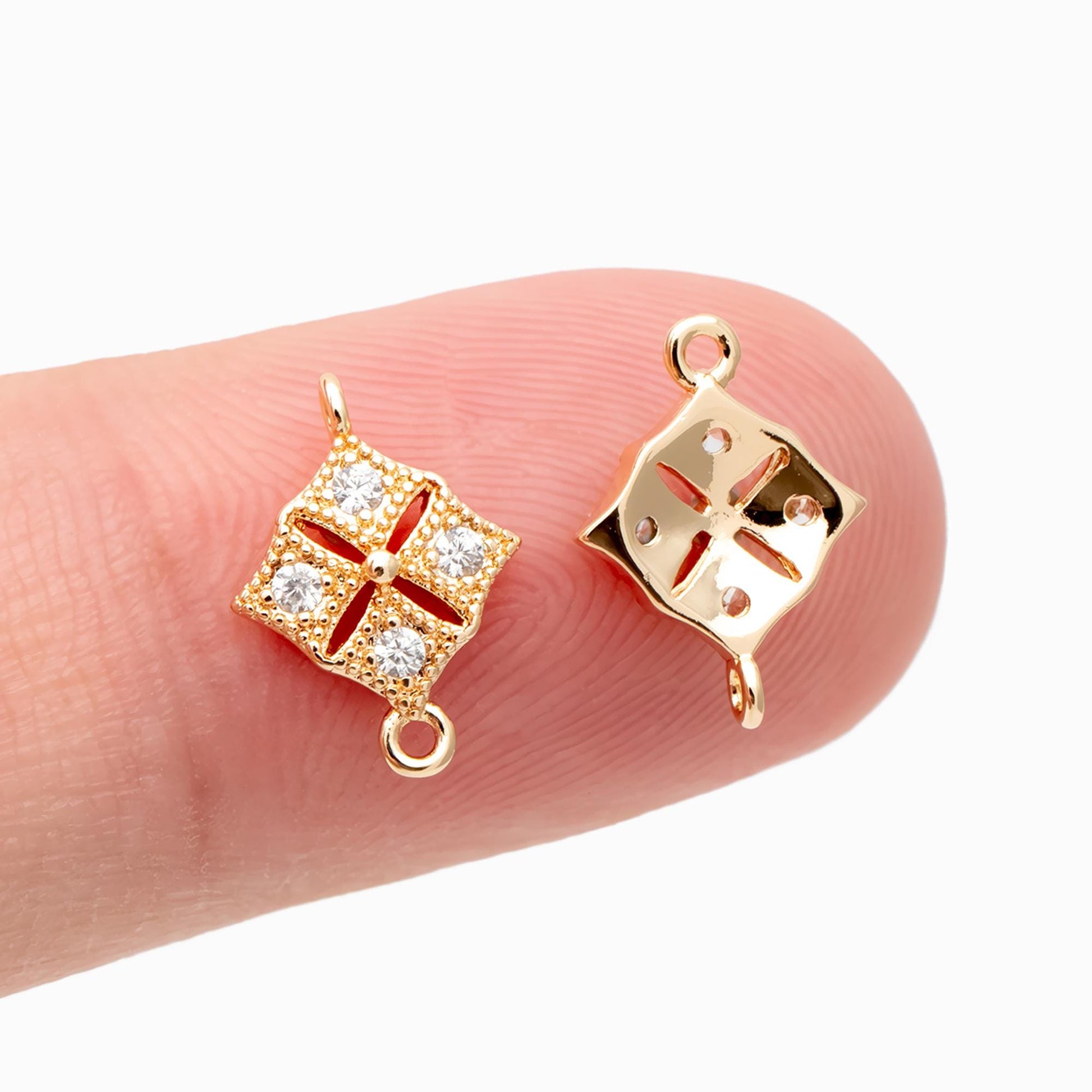 10pcs CZ Pave Gold Rhombus Connector 11mm, Cubic Zirconia Paved Geometric Pendants, Real Gold plated Brass Square Charms (GB-3780-D)